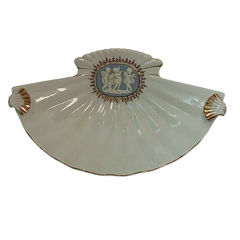 I.W. Rice Shell Trinket Dish Vintage White Gold Cherub Cameo Japan Porcelain